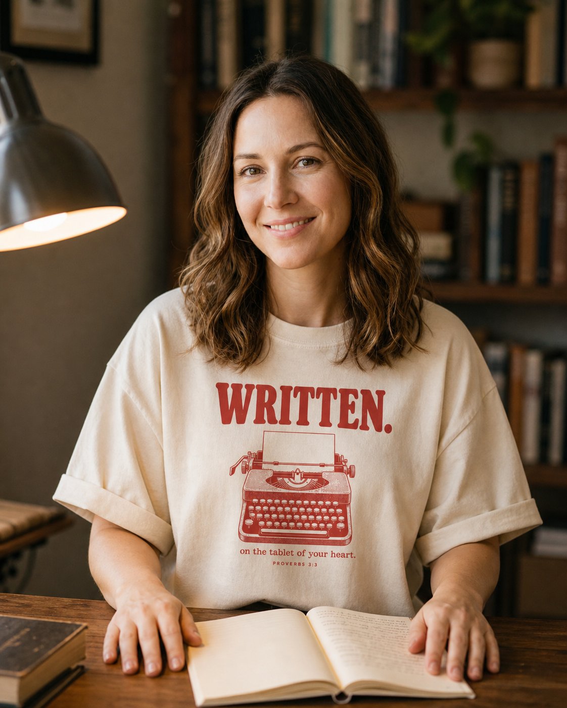 Written on the Tablet of Your Heart – Ivory women's Christian tee, lifestyle photo in cozy reading nook – Vintage typewriter with bold WRITTEN lettering in rust red – Proverbs 3:3 – She Wears Faith