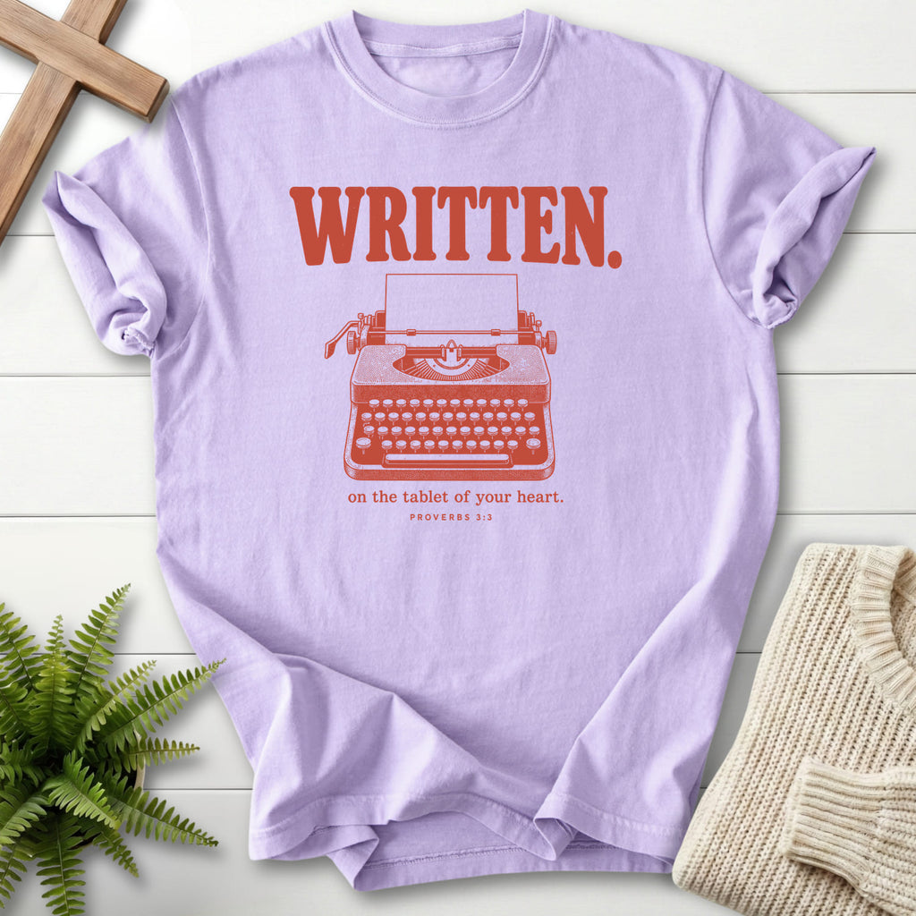 Orchid color option for the Written on the Tablet of Your HeartT-Shirt women's Christian tee with "Written on the Tablet of Your T-Shirt" Proverbs 3:.