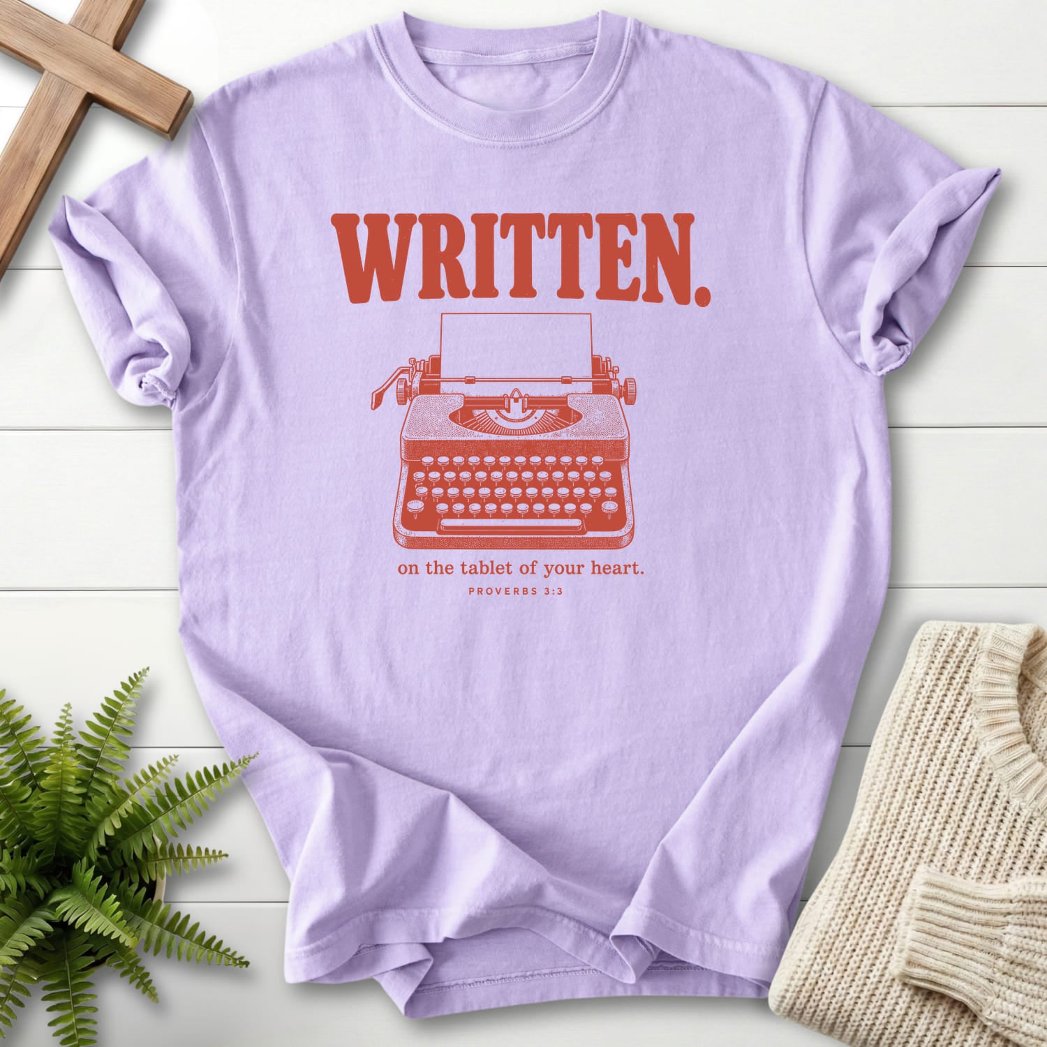 Orchid color option for the Written on the Tablet of Your HeartT-Shirt women's Christian tee with "Written on the Tablet of Your T-Shirt" Proverbs 3:.