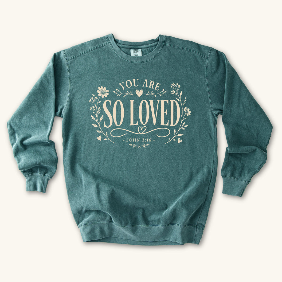 Blue Spruce You Are So Loved sweatshirt flat lay mockup, John 3:16 Christian apparel for women