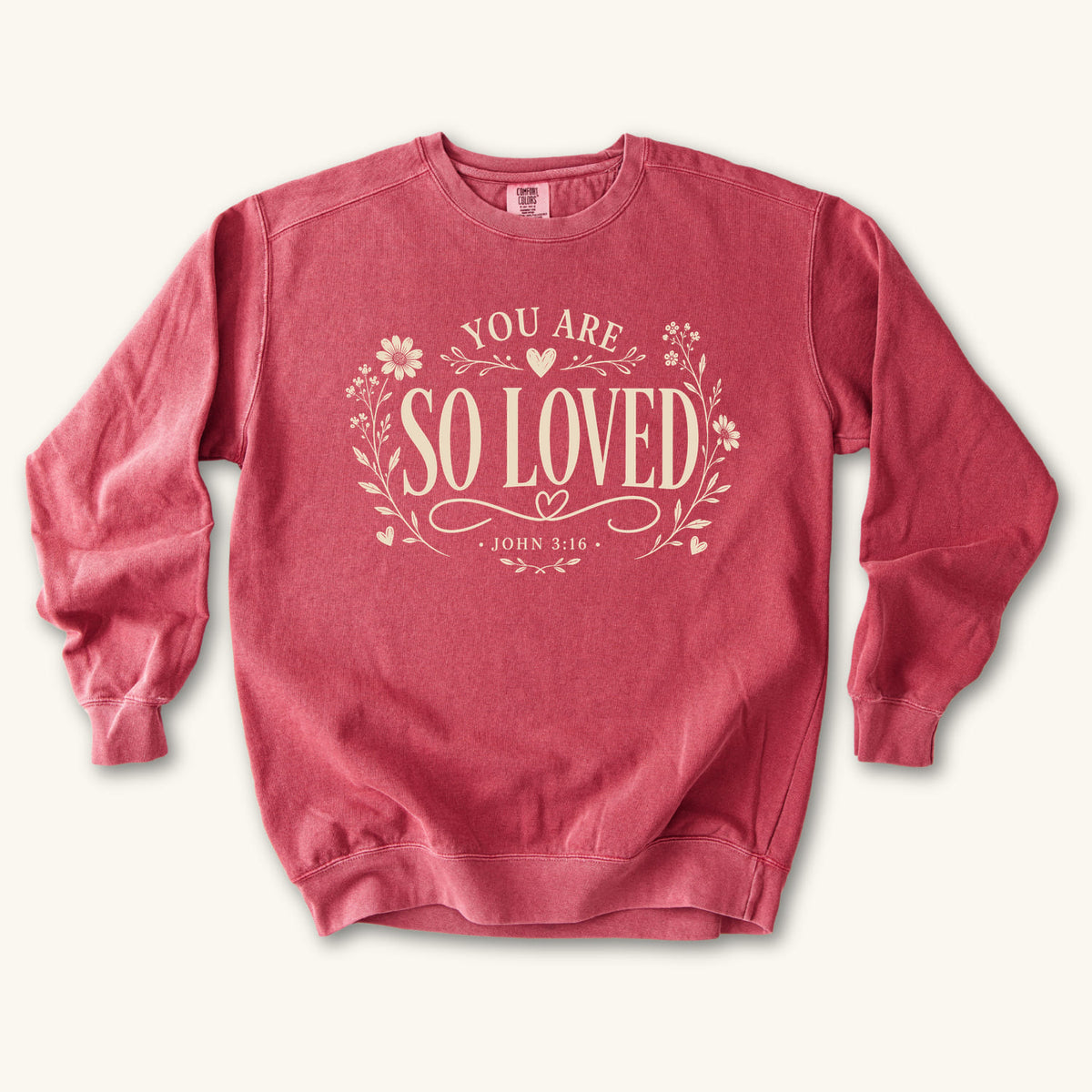 Crimson You Are So Loved sweatshirt flat lay mockup, John 3:16 Christian apparel for women
