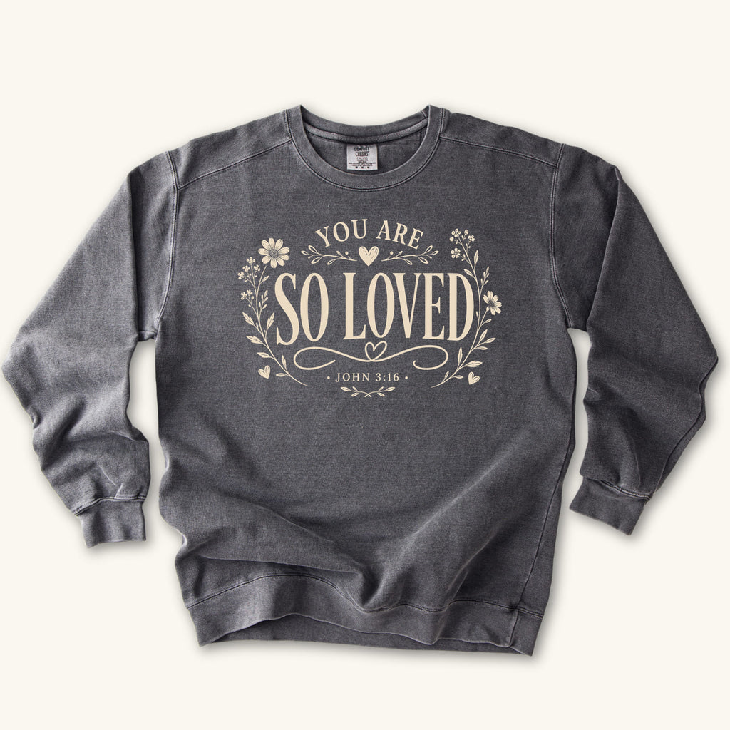 Pepper You Are So Loved sweatshirt flat lay mockup, John 3:16 Christian apparel for women