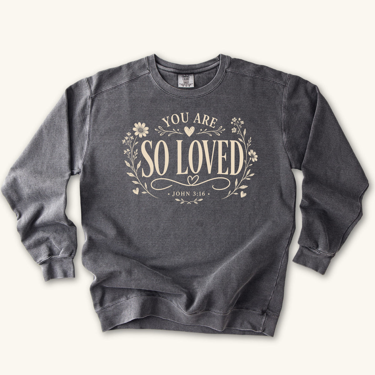 Pepper You Are So Loved sweatshirt flat lay mockup, John 3:16 Christian apparel for women