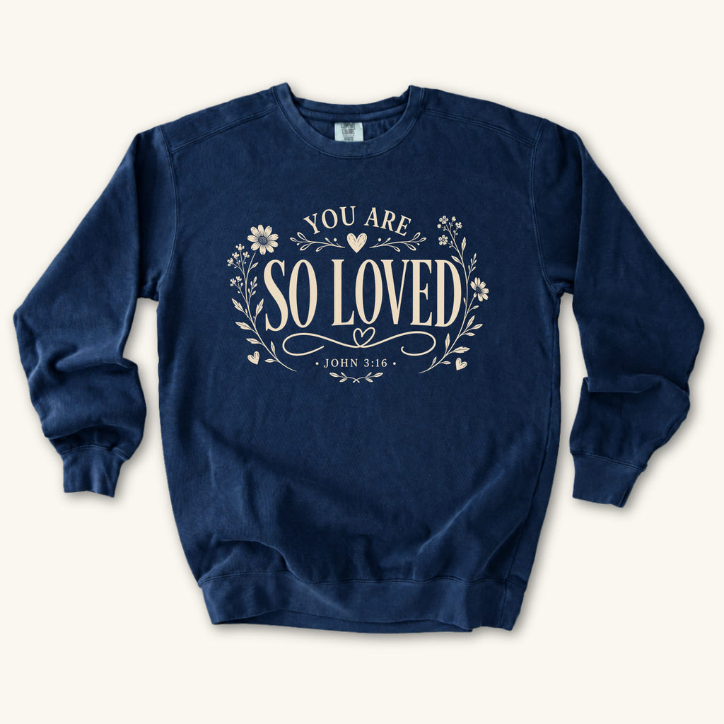 True Navy You Are So Loved sweatshirt flat lay mockup, John 3:16 Christian apparel for women