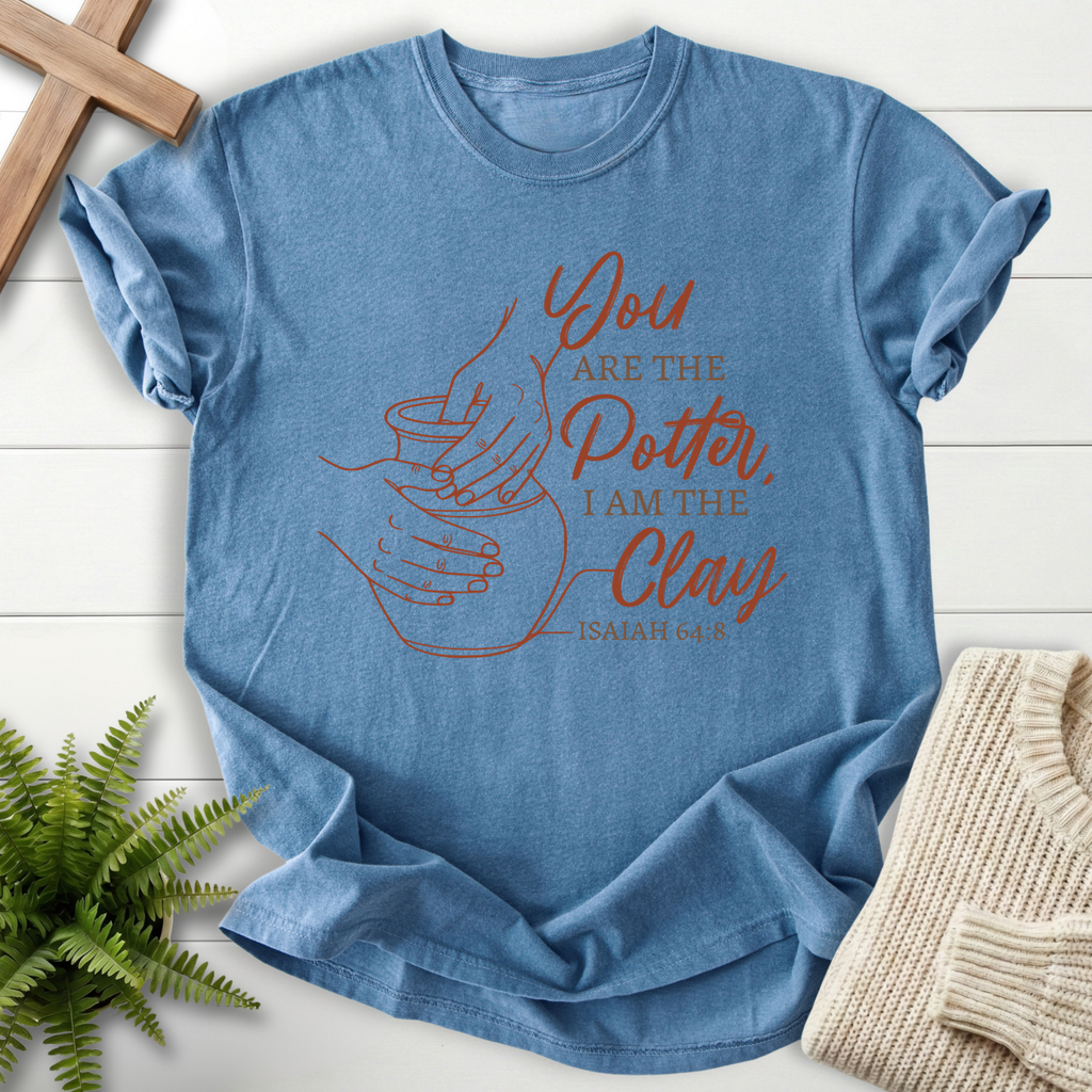 Blue Jean Christian t-shirt for women with You Are the Potter I Am the Clay pottery illustration, inspired by Isaiah 64:8.
