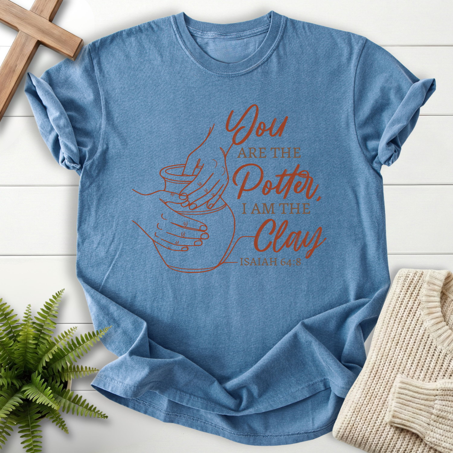 Blue Jean Christian t-shirt for women with You Are the Potter I Am the Clay pottery illustration, inspired by Isaiah 64:8.