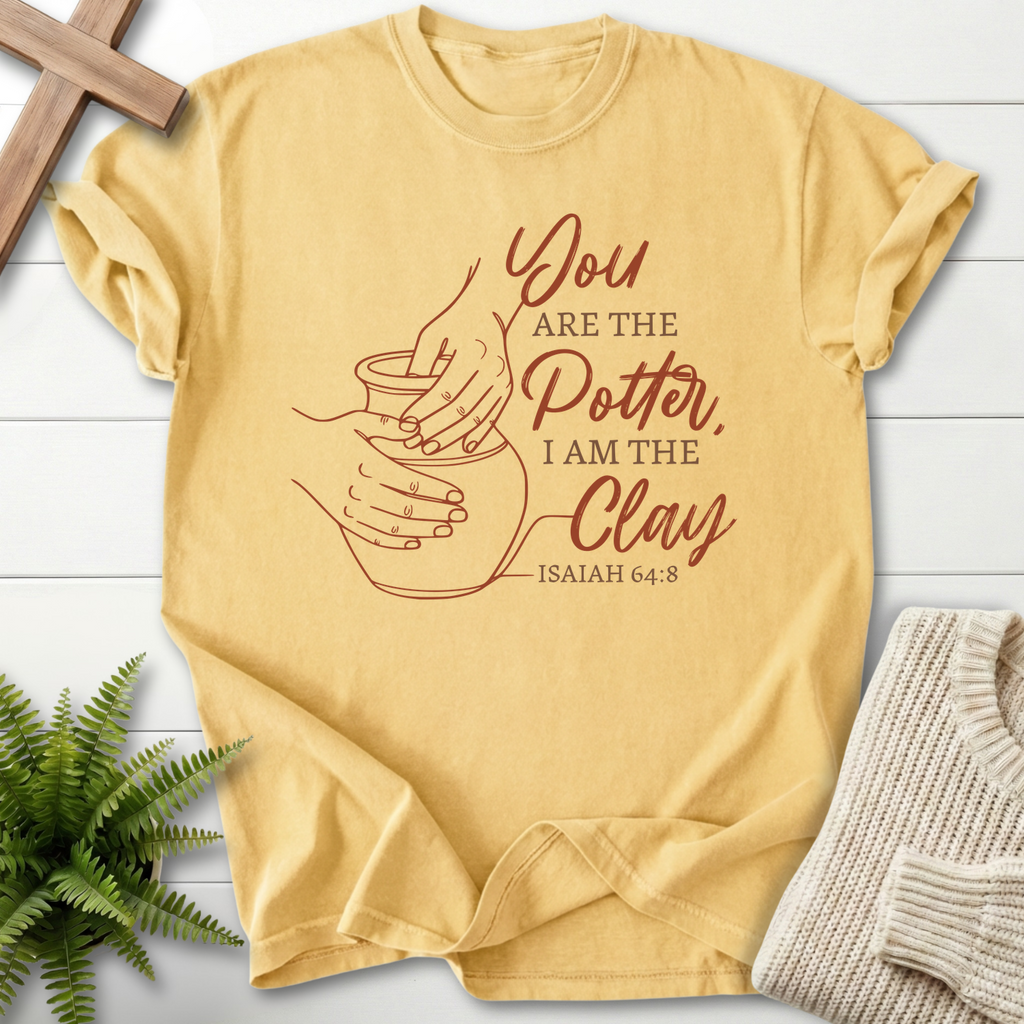 Butter Christian t-shirt for women with pottery wheel hands line art, inspired by Isaiah 64:8.