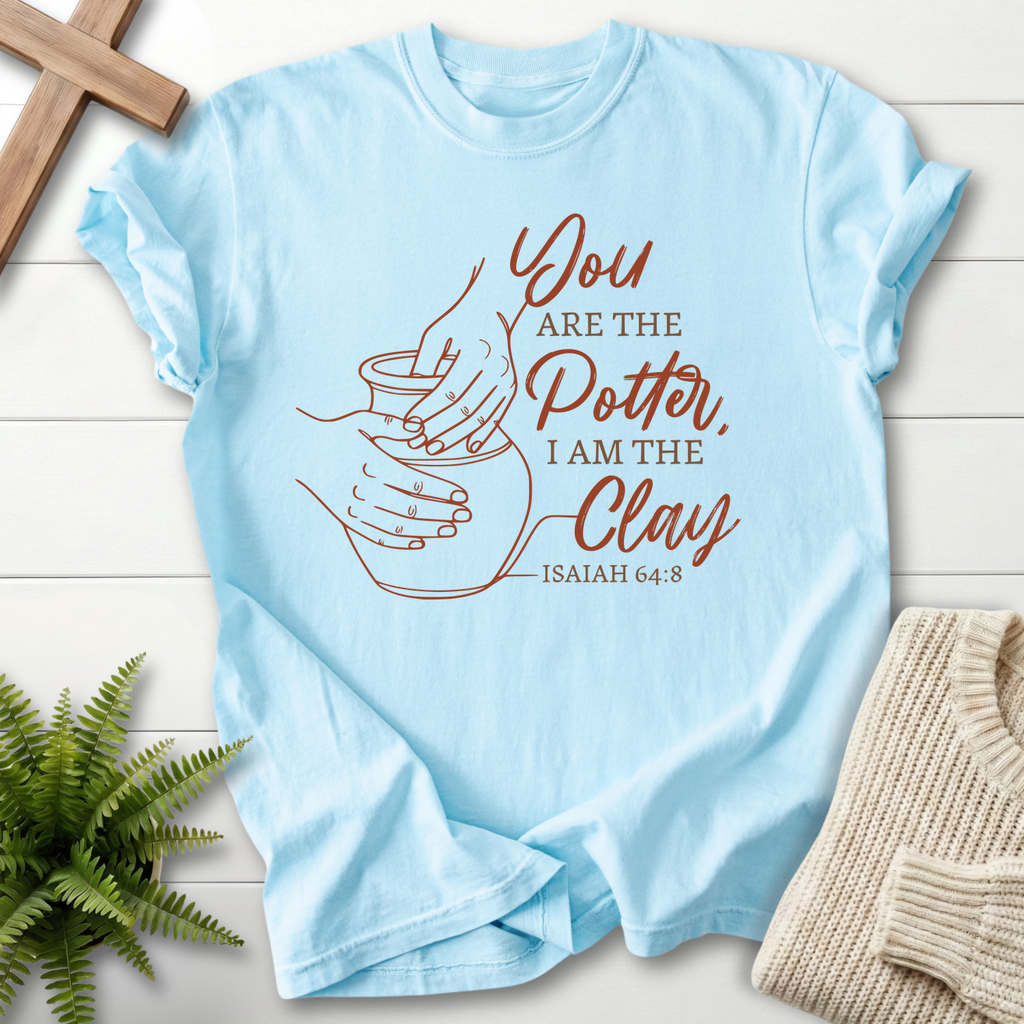 Chambray Christian t-shirt for women with You Are the Potter clay design, inspired by Isaiah 64:8.