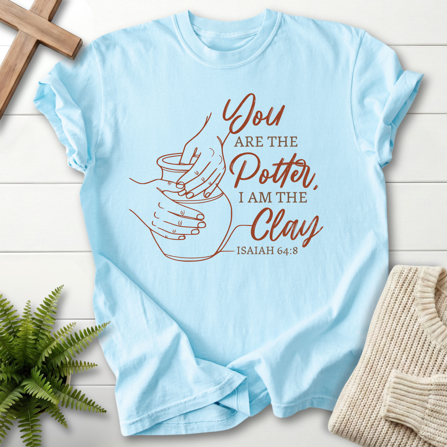 Chambray Christian t-shirt for women with You Are the Potter clay design, inspired by Isaiah 64:8.