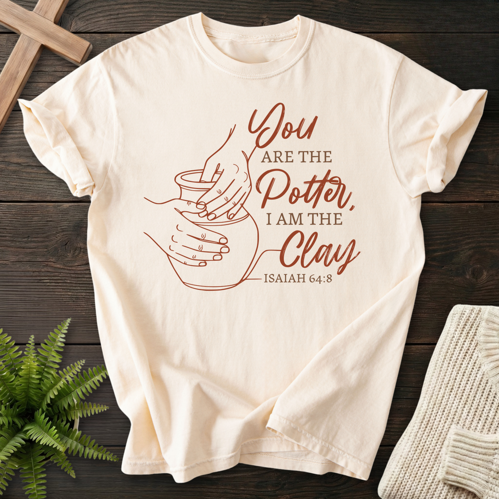 Ivory Christian t-shirt for women with potter's wheel hand line art and You Are the Potter text, inspired by Isaiah 64:8.