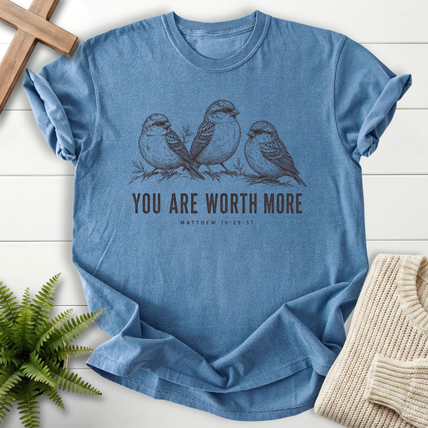 Blue Jean color option for the You Are Worth More Sparrows garment-dyed Christian tee with "You Are Worth More Sparrows T-Shirt" design.