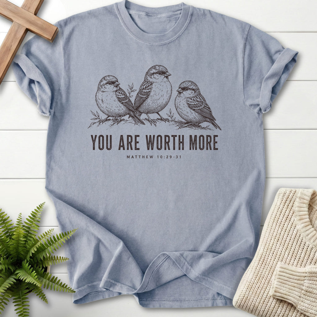 Flat lay of a Granite Christian graphic tee featuring "You Are Worth More Sparrows T-Shirt" design.