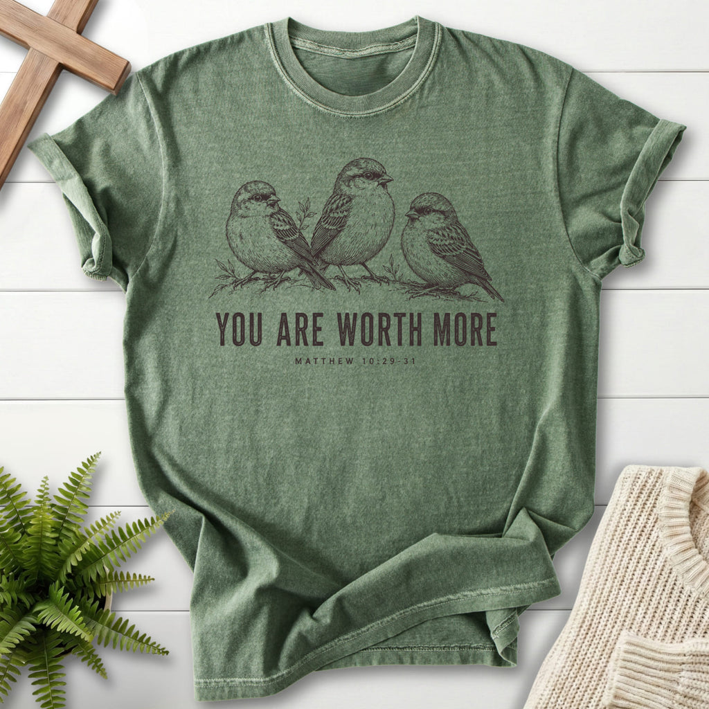 Moss color option for the You Are Worth More Sparrows faith-inspired shirt with "You Are Worth More Sparrows T-Shirt" design.