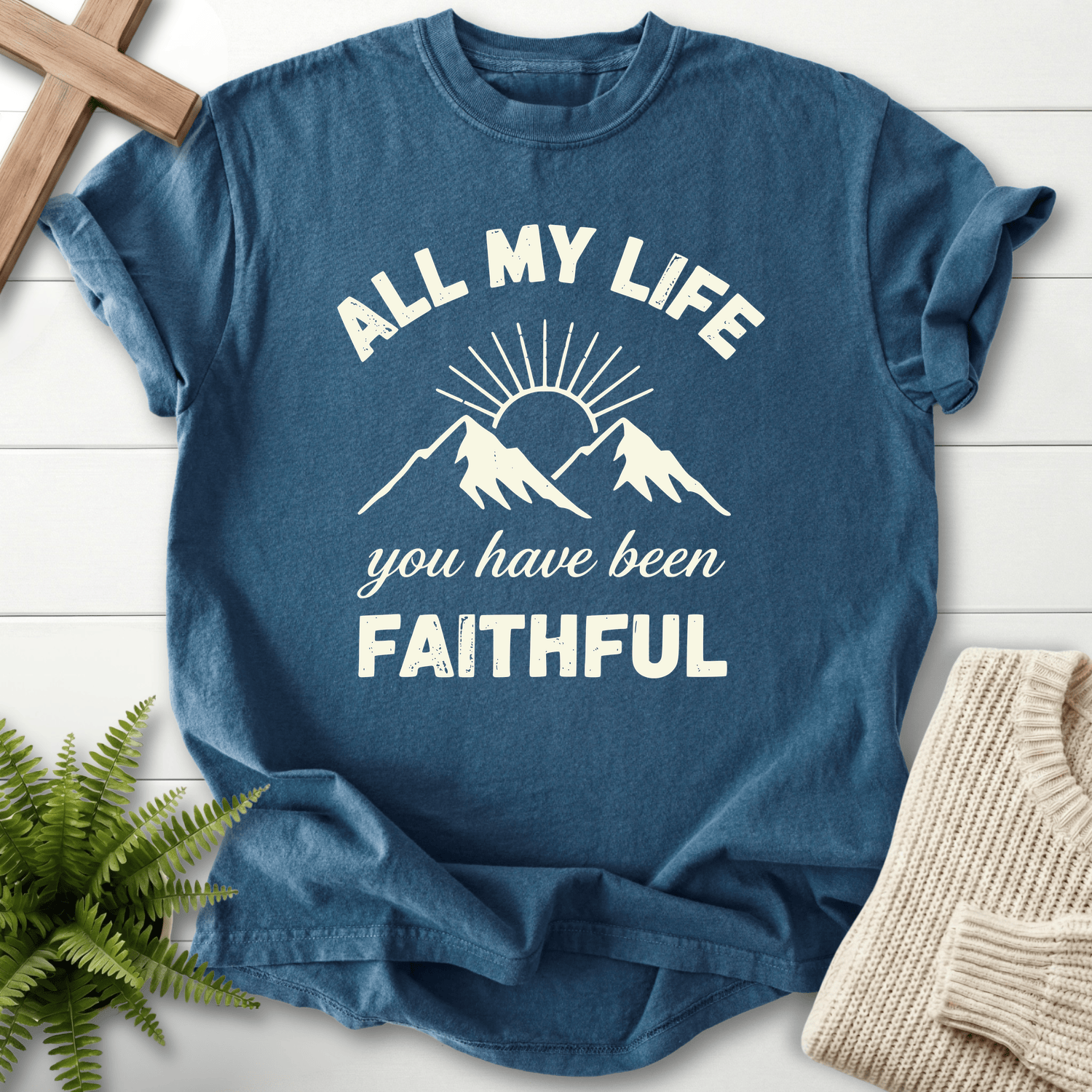 Midnight Christian t-shirt for women with a mountain sunrise and All My Life You Have Been Faithful text.