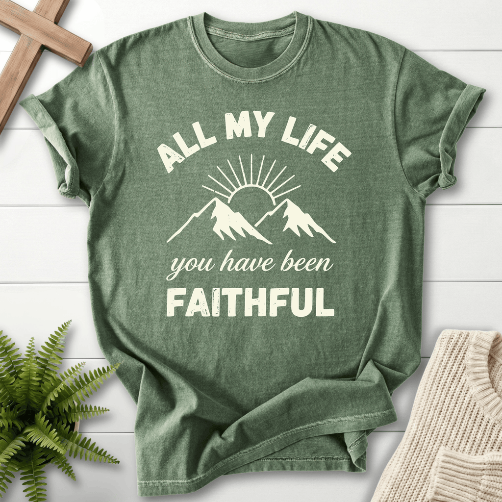 Moss Christian t-shirt for women with a mountain sunrise and You Have Been Faithful text.
