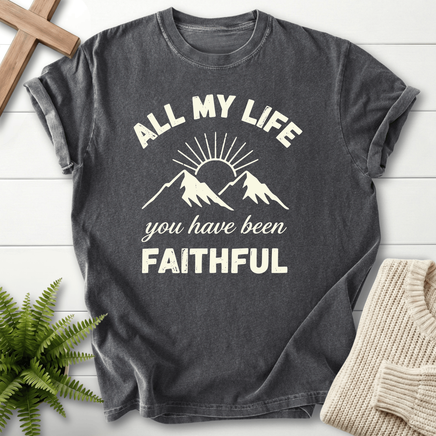 Pepper Christian t-shirt for women with a mountain sunrise and All My Life You Have Been Faithful text.