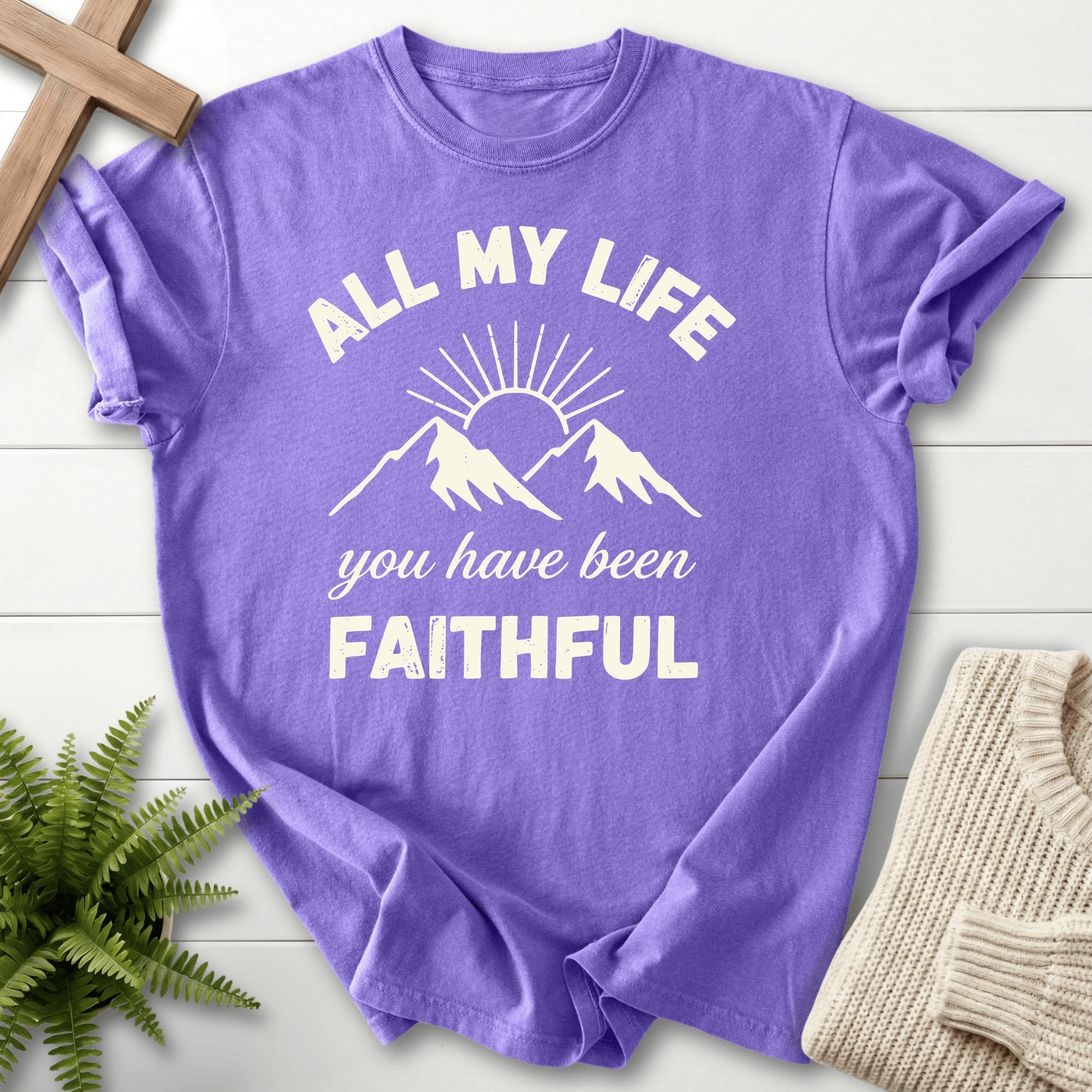 Violet Christian t-shirt for women with a mountain design and All My Life You Have Been Faithful text, Comfort Colors 1717.
