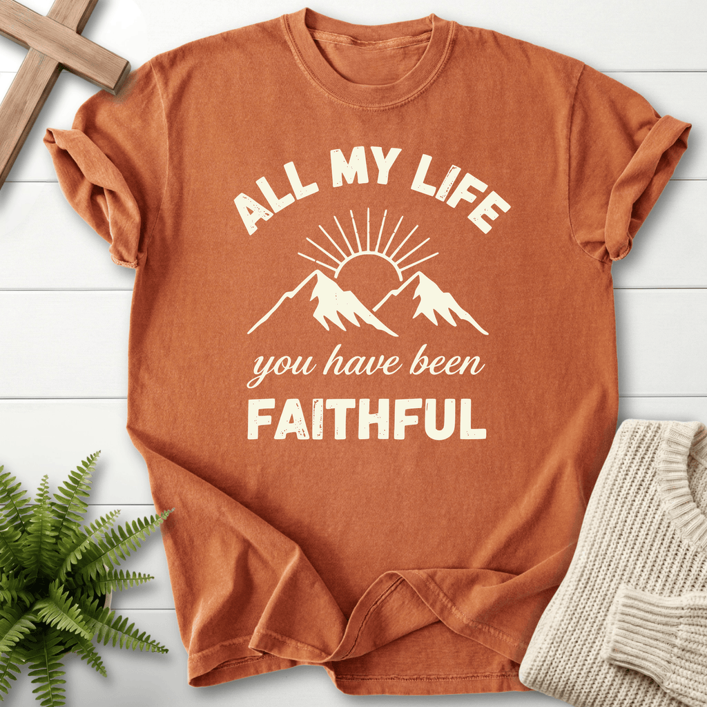 Yam Christian t-shirt for women with a radiant mountain sunrise and You Have Been Faithful text.