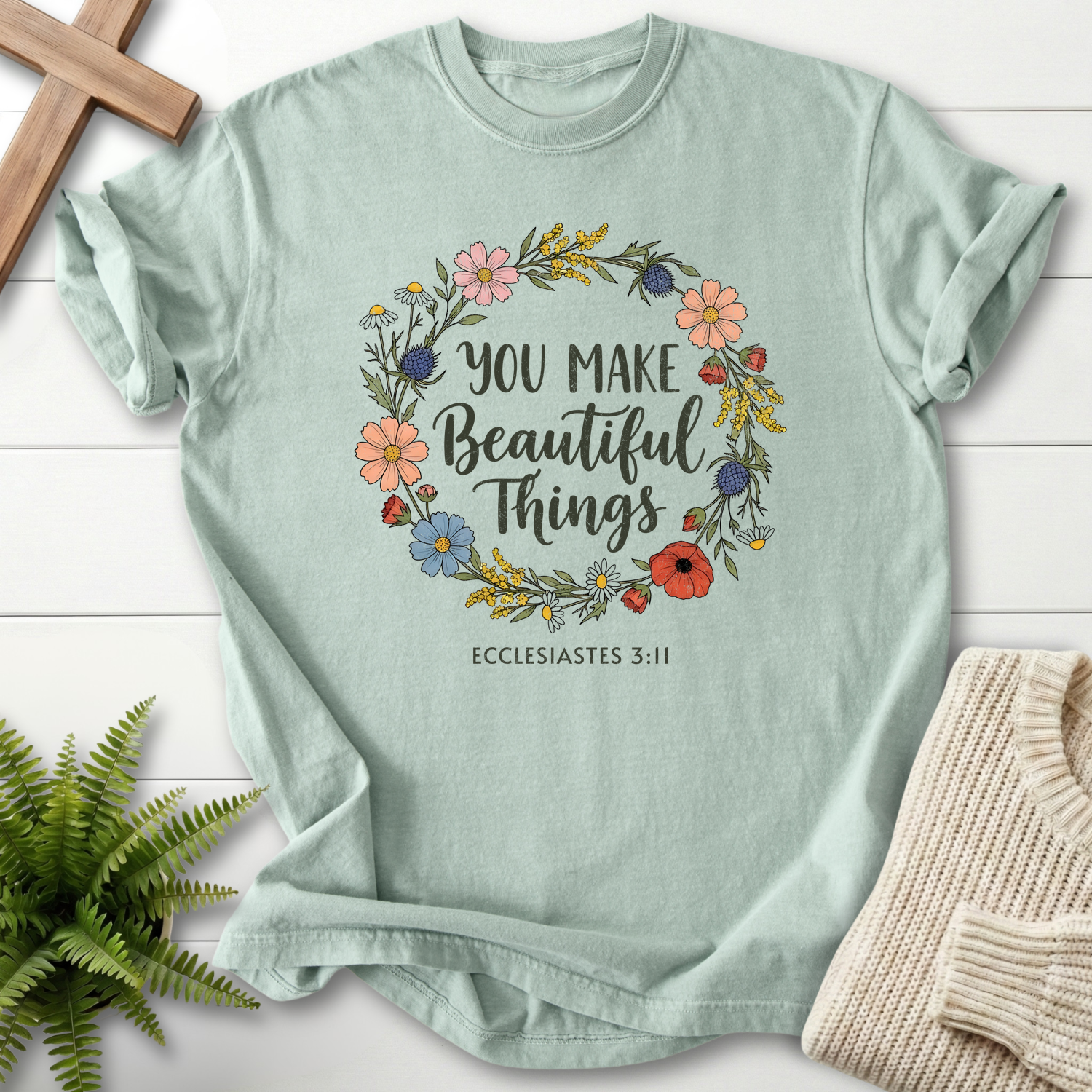 Bay Christian t-shirt for women with a colorful floral wreath and You Make Beautiful Things text.