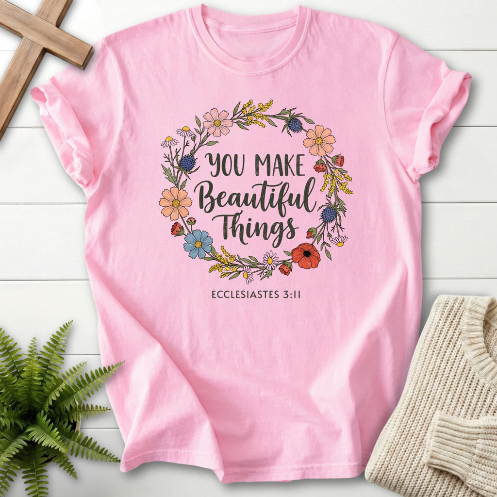 Blossom Christian t-shirt for women with a poppy and daisy wreath and You Make Beautiful Things text, inspired by Ecclesiastes 3:11.