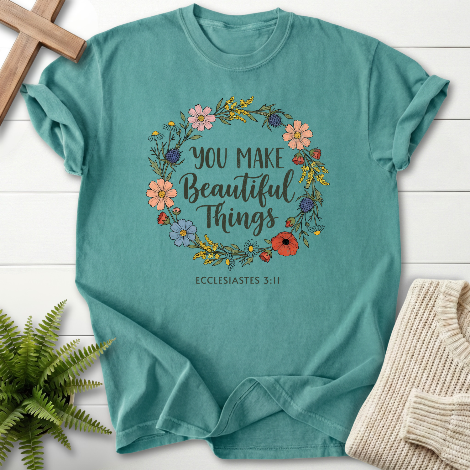 Chalky Mint faith-based tee with a colorful floral wreath, inspired by Ecclesiastes 3:11.