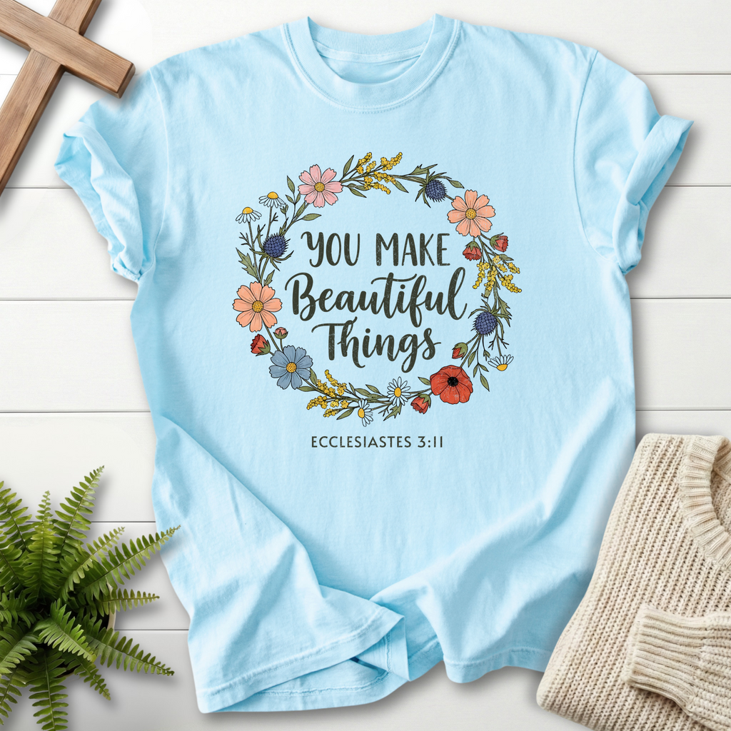 Chambray Bible verse tee with a wildflower wreath, Comfort Colors 1717, inspired by Ecclesiastes 3:11.