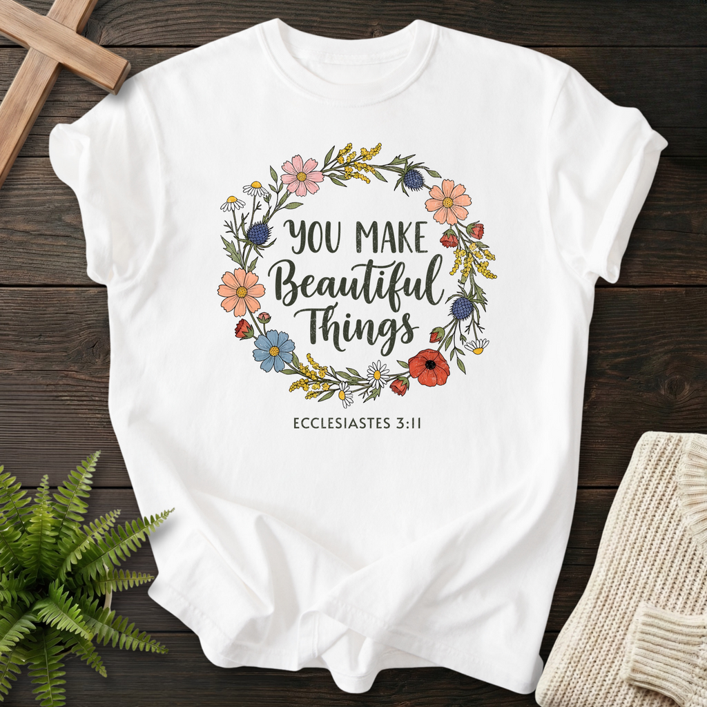 White Christian t-shirt for women with a botanical wildflower wreath, inspired by Ecclesiastes 3:11.