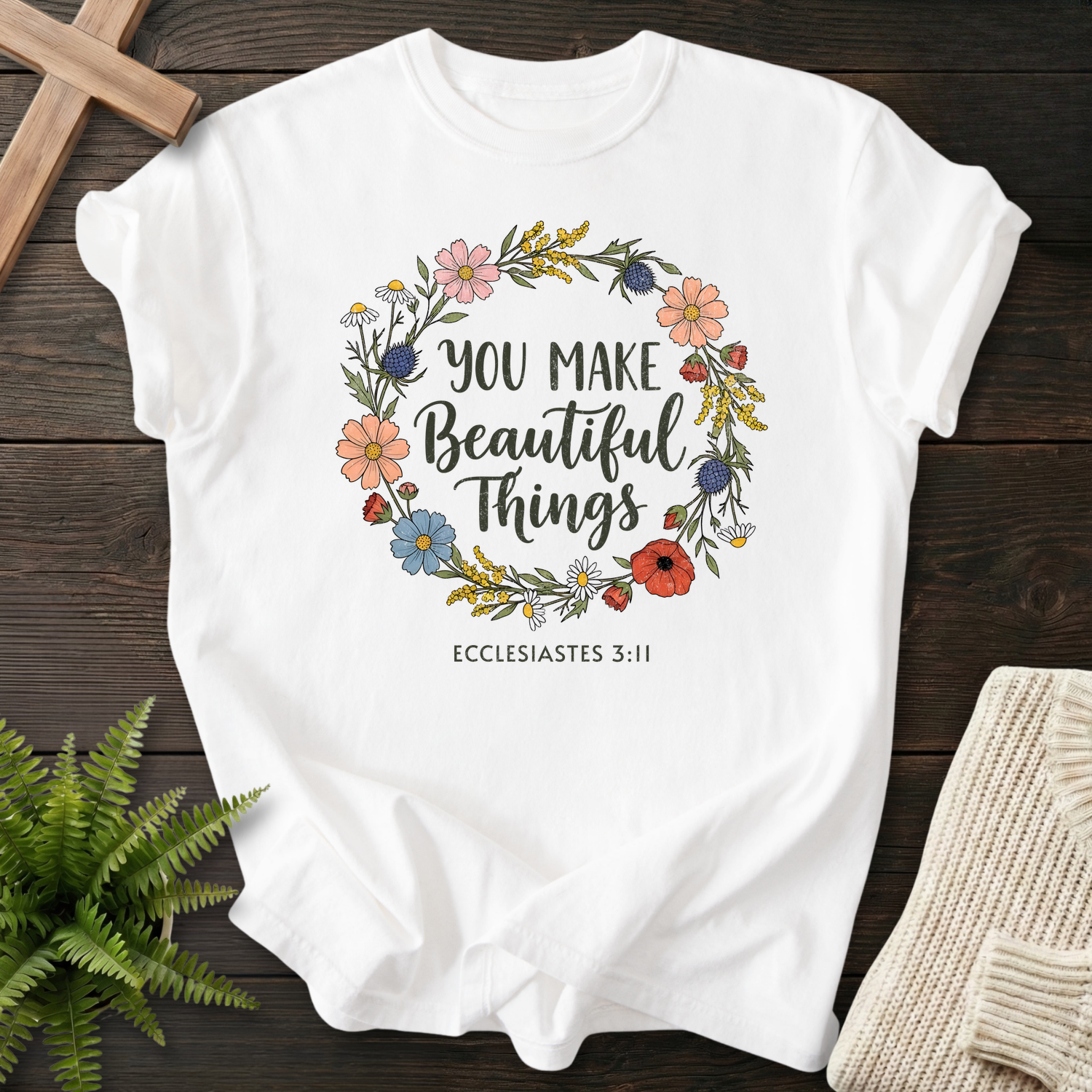 White Christian t-shirt for women with a botanical wildflower wreath, inspired by Ecclesiastes 3:11.